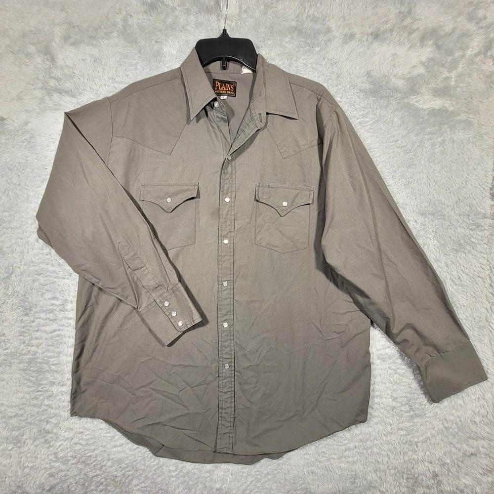 PLAINS WESTERN WEAR Mens Long Sleeve Snap Front Western Shirt‎ Large Gray *